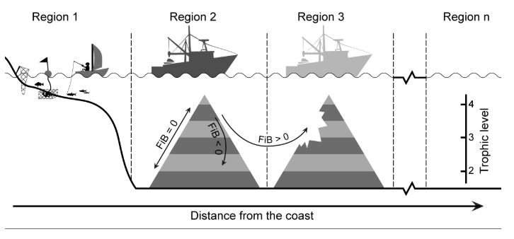 Schematic representation of changes in MTI and FiB index given differing modes of exploitation of coastal resources.