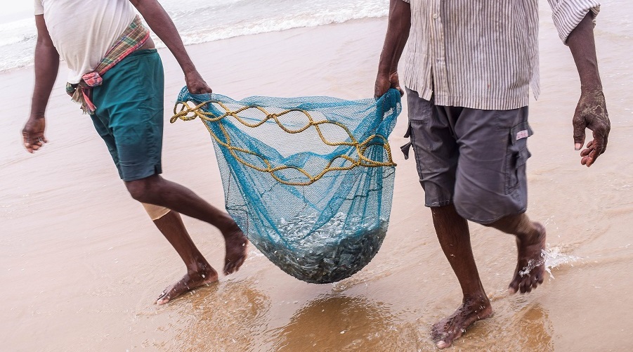 Fishermen carrying half-full netin Digha, India