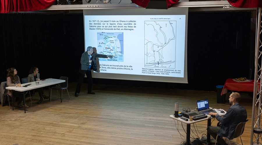 Daniel Pauly presenting his work on a Ghanaian lagoon in Saint Pierre and Miquelon, 2025.