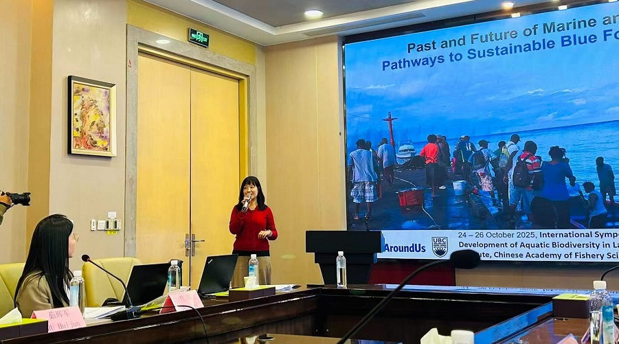 The Sea Around Us research associate, Dr. Vicky Lam, presenting at the International Symposium on Aquatic Biodiversity Conservation and Sustainable Development in Major River Basins, in October 2025.