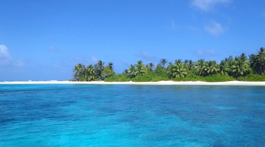 Clear blue water in the shallows of an island in the Marshall Islands