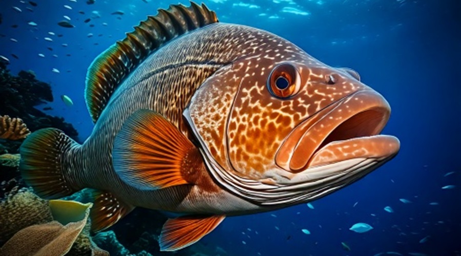 Orange-dotted grouper swimming and breathing in the ocean